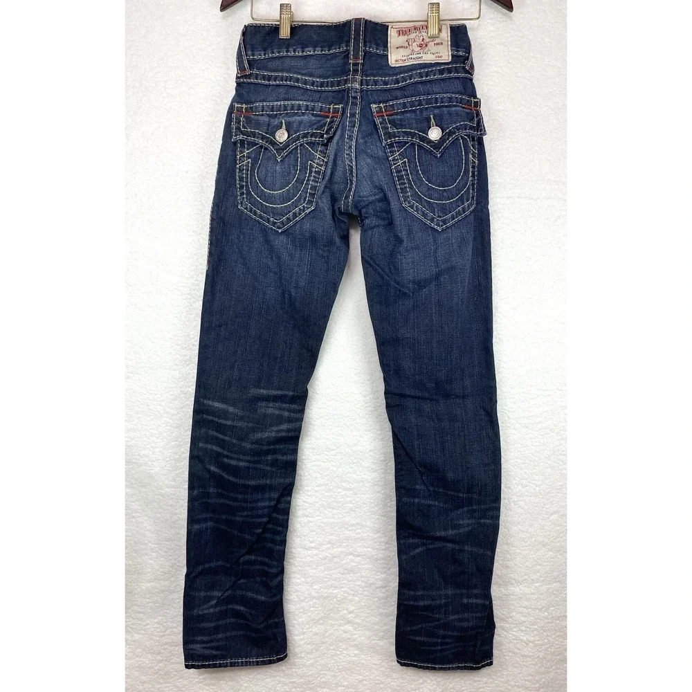 True Religion Straight Flap Earthworm Big T Indigo Heart Dark Wash Jeans Size 27